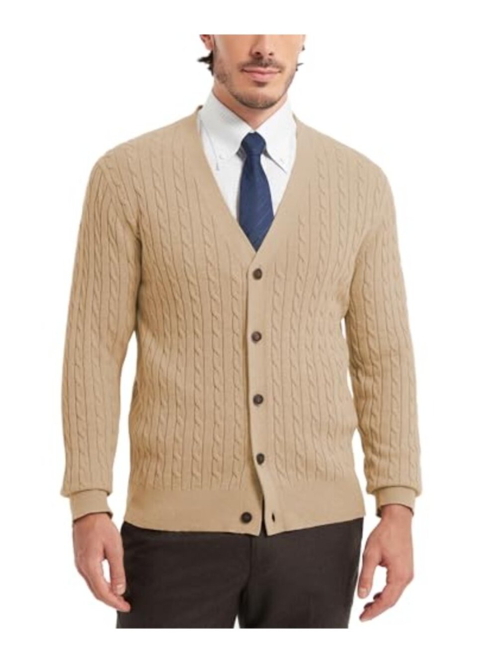 Men's Cotton Cable Knit Cardigan Sweater V Neck Button Front Long Sleeve